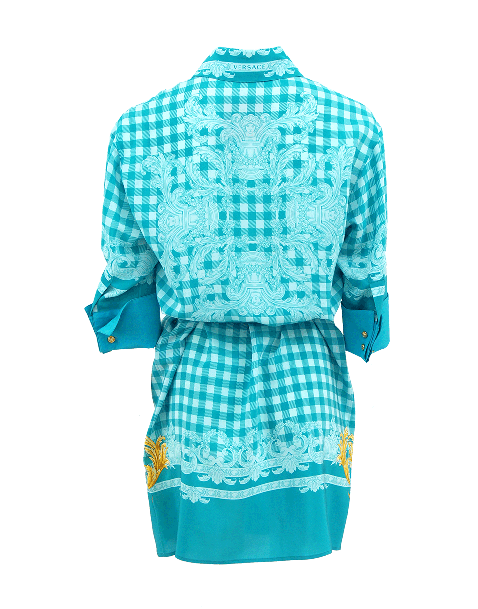 VERSACE-Long Sleeve Gingham Shirt Dress-