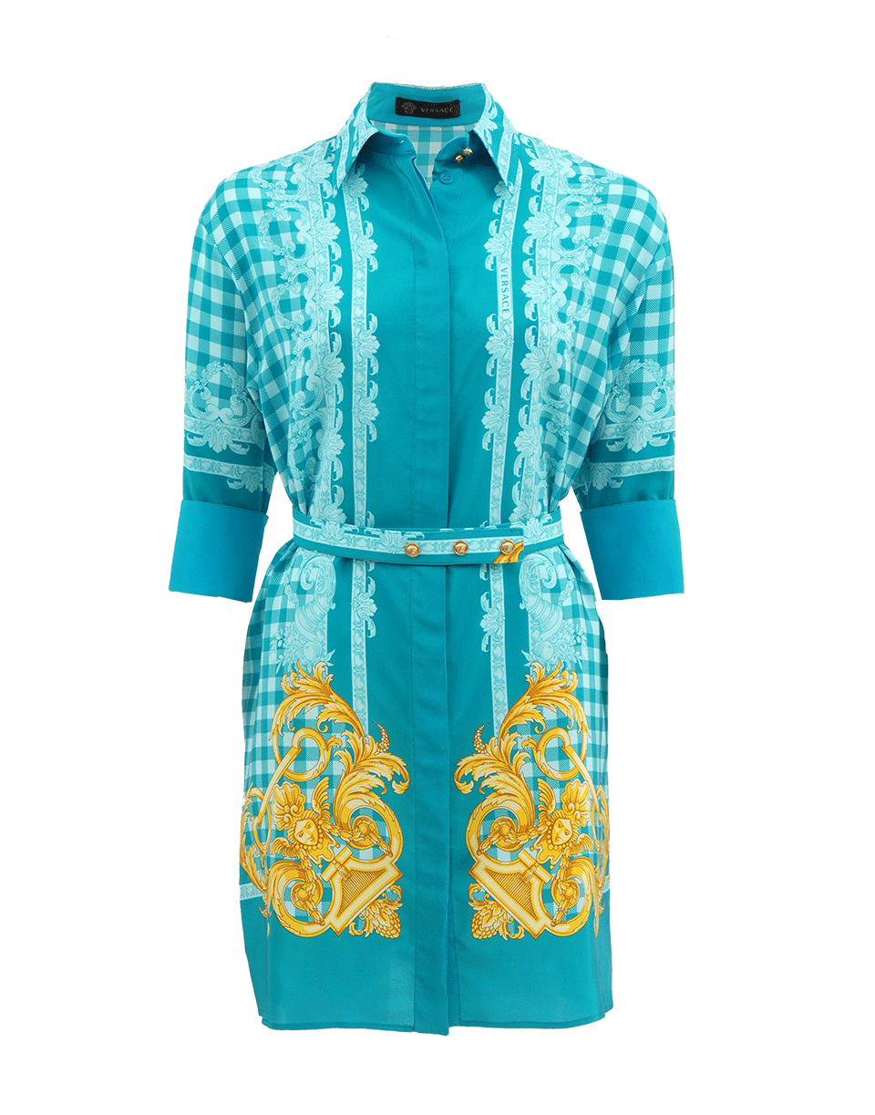 VERSACE-Long Sleeve Gingham Shirt Dress-