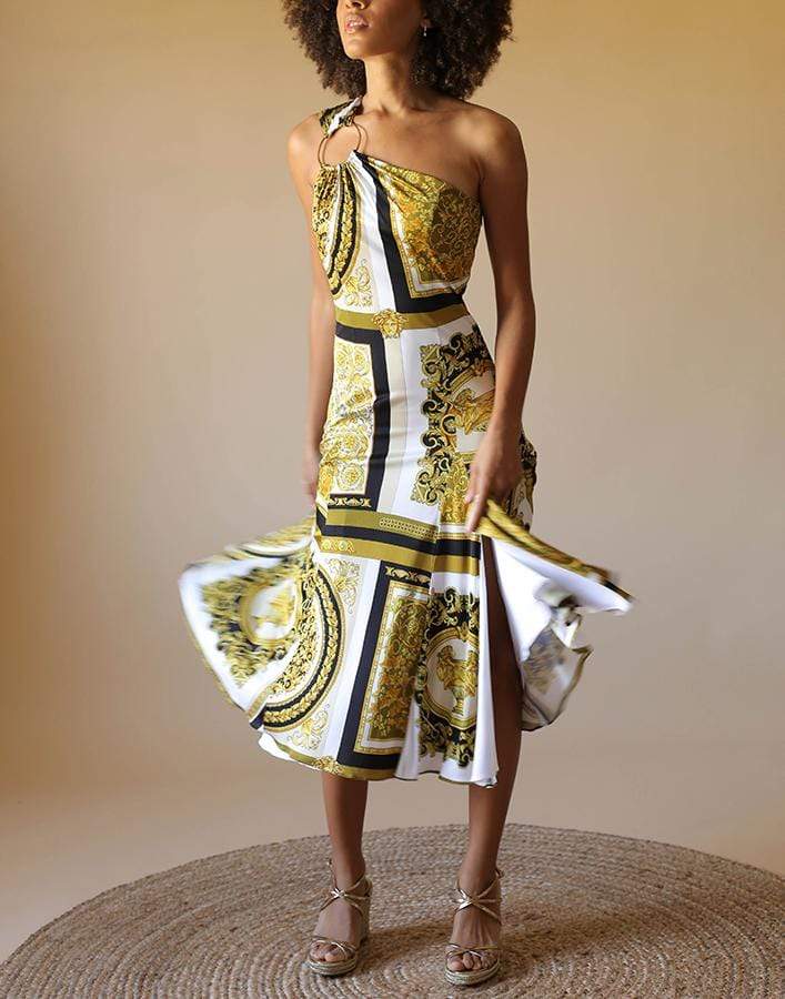 VERSACE-Ring Detail One Shoulder Dress-