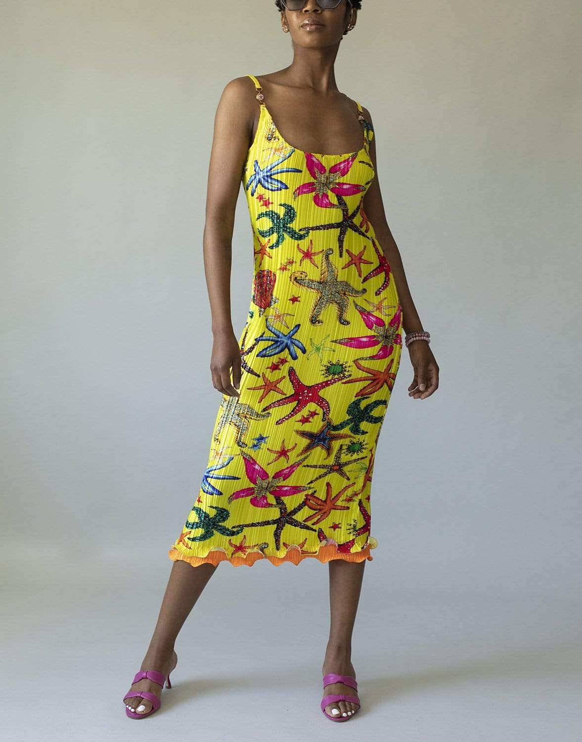 VERSACE-Trésor De La Mer Print Pleated Midi Dress-