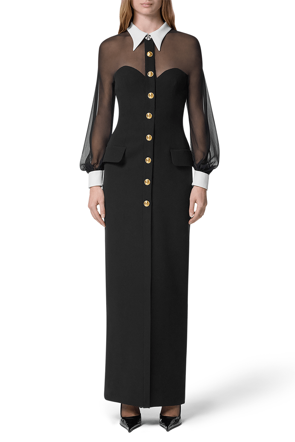 VERSACE-Long Sleeve Button Dress-BLACK