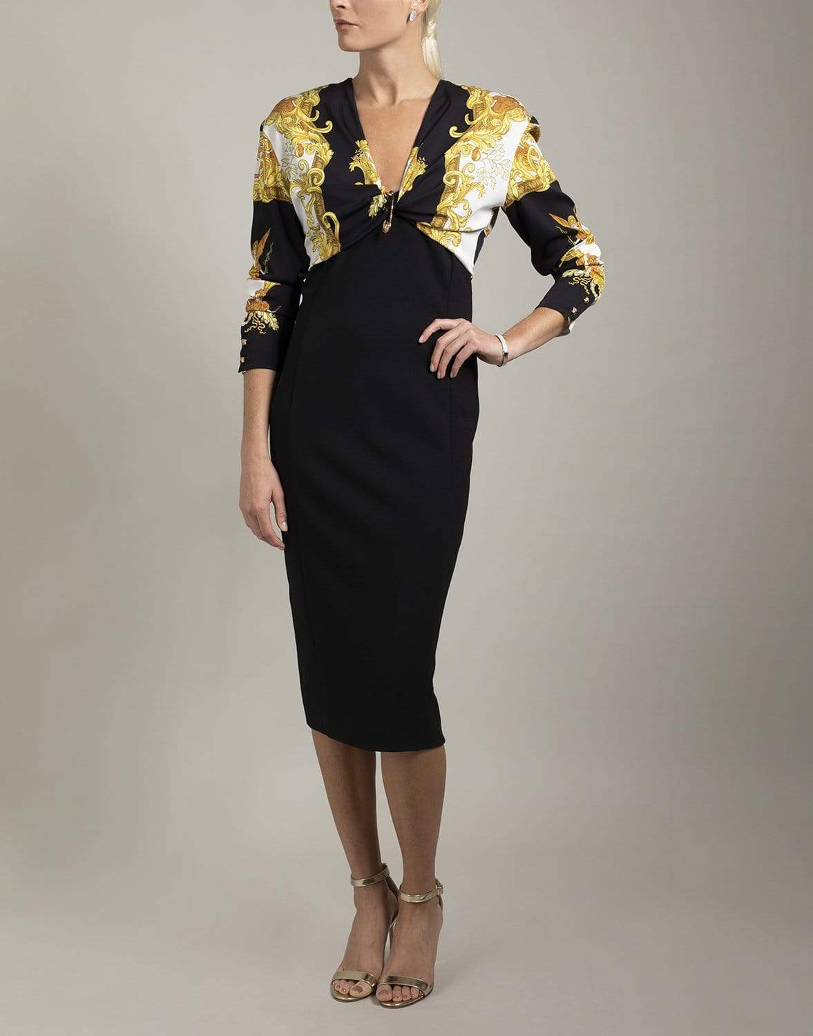 VERSACE-Long Sleeve V-Neck Baroque Top Dress-NERO/ORO