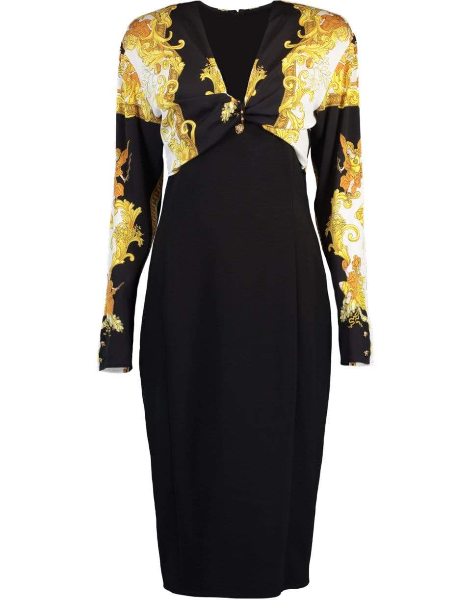VERSACE-Long Sleeve V-Neck Baroque Top Dress-NERO/ORO