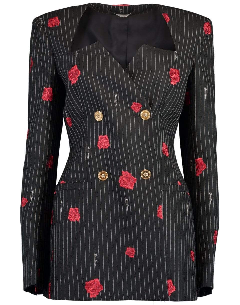 VERSACE-Rose Print Striped Double Breasted Jacket-
