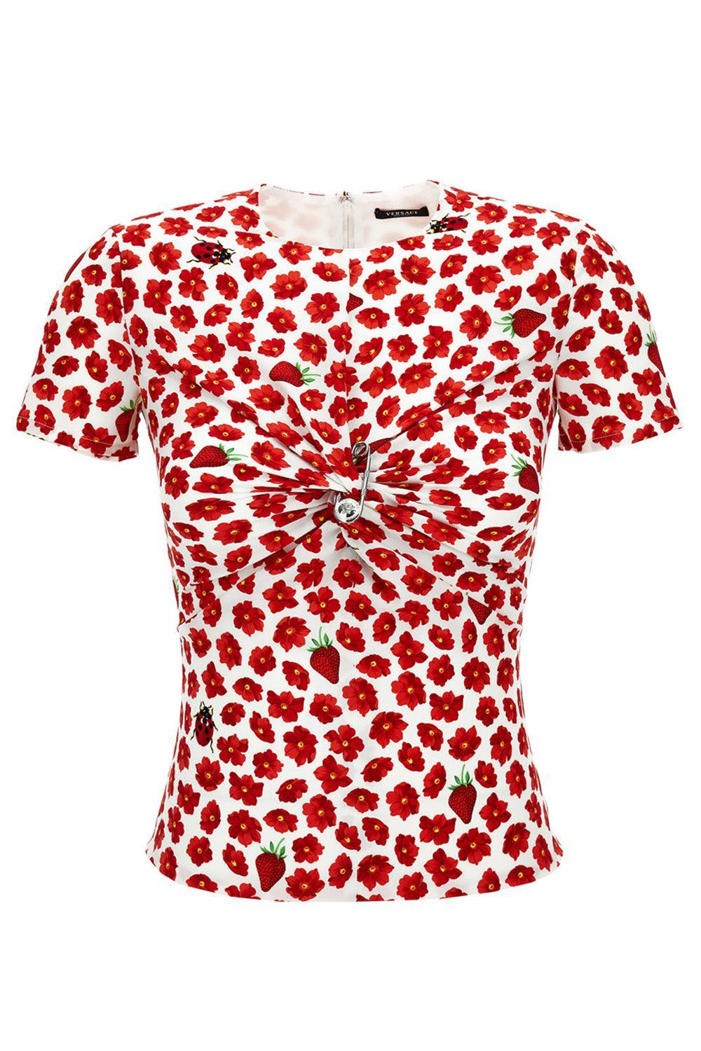 Safety Pin Gathered Top-WHT RED-38-CLOTHINGTOPBLOUSE-VERSACE
