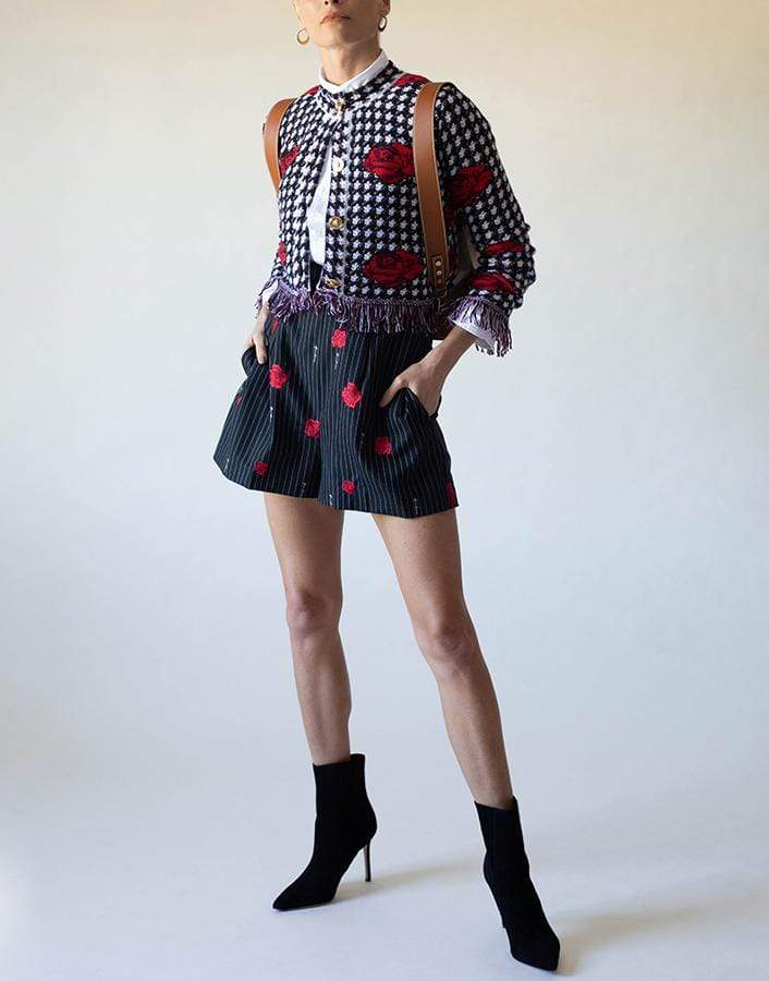VERSACE-Embroidered Roses Wool Cardigan-
