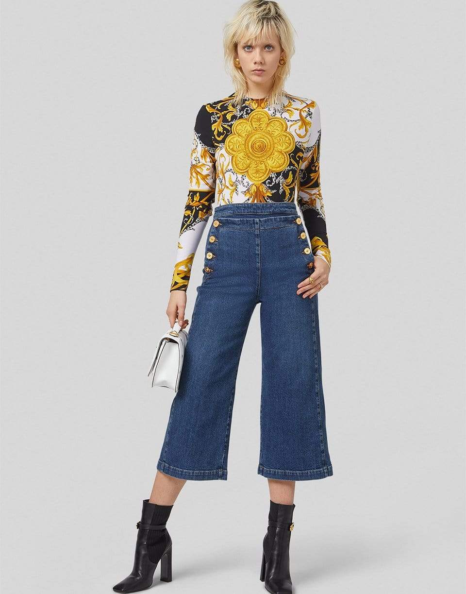 VERSACE-Gold and Black Jersey Long Sleeve Baroque Printed Crewneck Bodysuit-