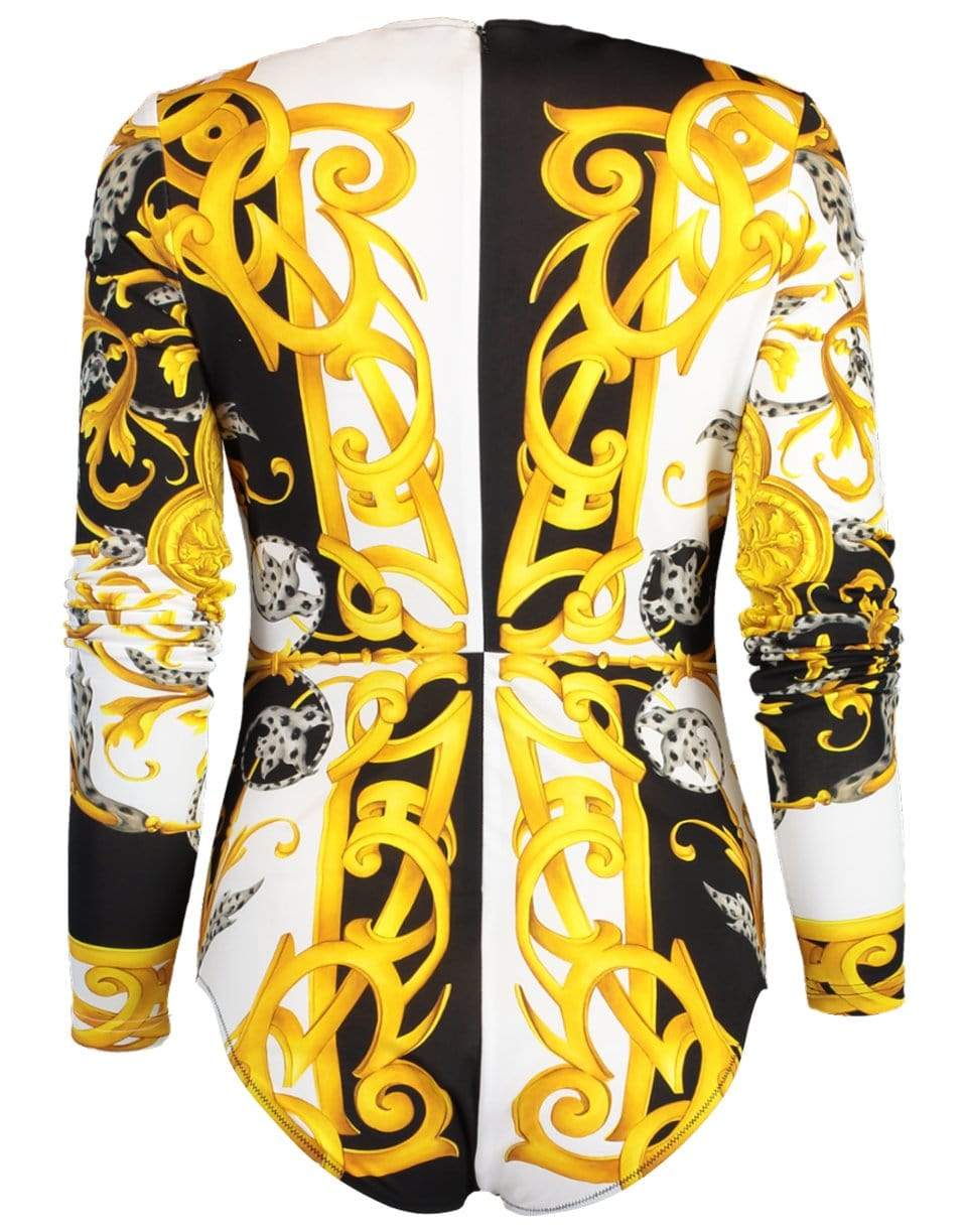 VERSACE-Gold and Black Jersey Long Sleeve Baroque Printed Crewneck Bodysuit-