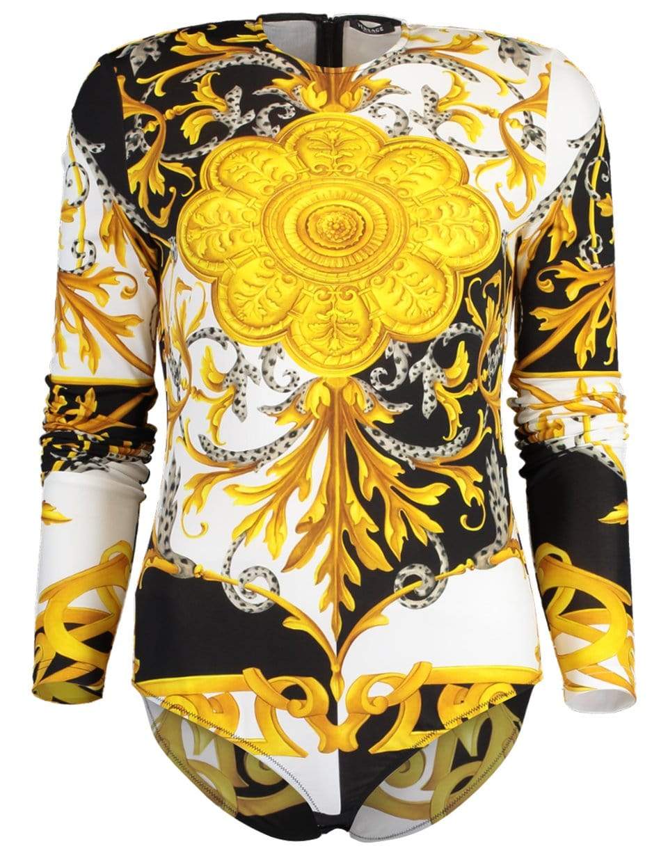 VERSACE-Gold and Black Jersey Long Sleeve Baroque Printed Crewneck Bodysuit-