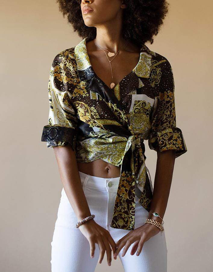 VERSACE-Printed Cropped Tie Front Shirt-
