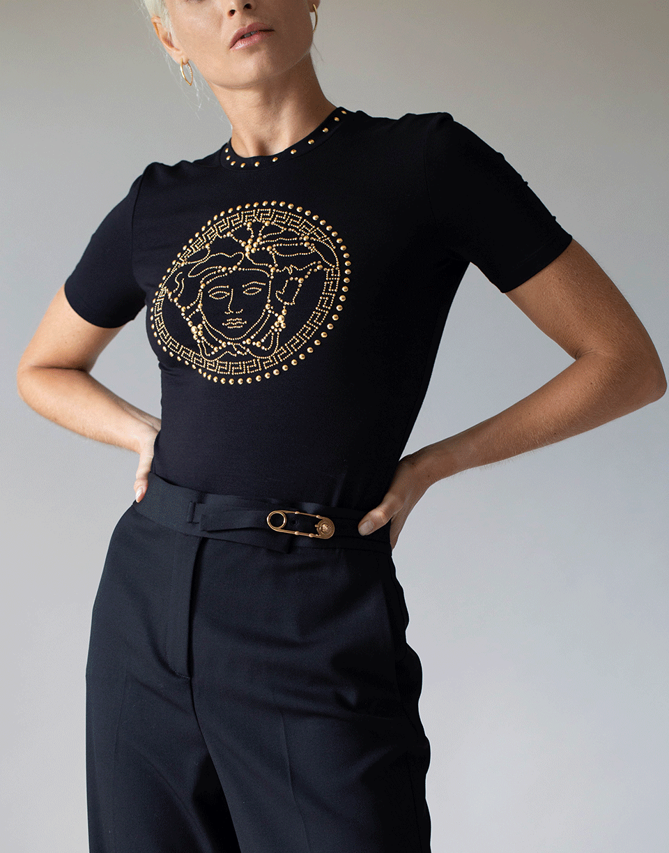 VERSACE-Globe Gold Stud Logo Tee-