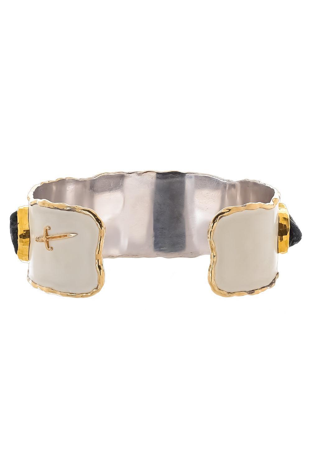 Black Tourmaline White Enamel Cuff Bracelet-SILVER-JEWELRYFINE JEWELBRACELET O-VICTOR VELYAN