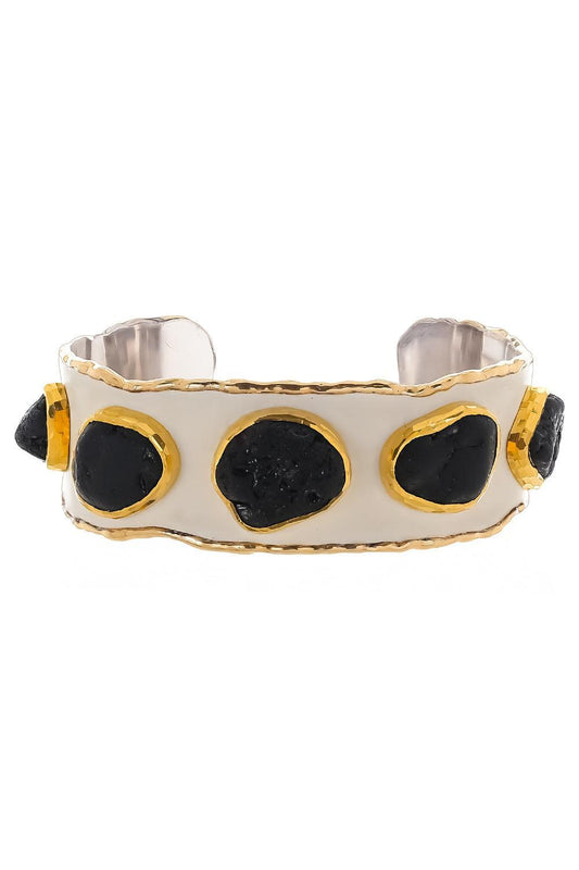 Black Tourmaline White Enamel Cuff Bracelet-SILVER-JEWELRYFINE JEWELBRACELET O-VICTOR VELYAN