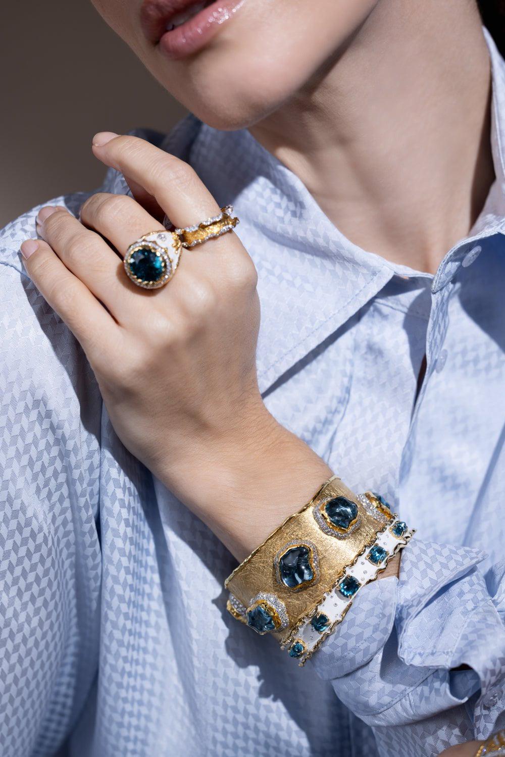 VICTOR VELYAN-Aquamarine Diamond Cuff Bracelet-YELLOW GOLD