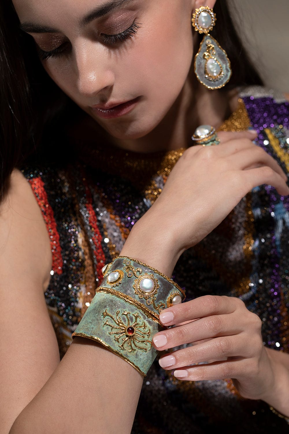 VICTOR VELYAN-Orange Sapphire Diamond Cuff Bracelet-YELLOW GOLD