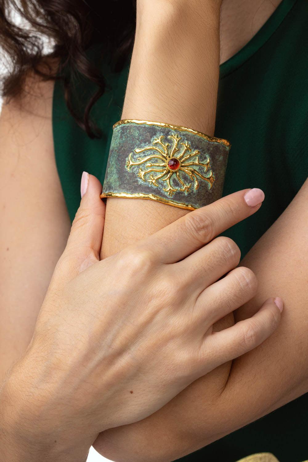 Orange Sapphire Diamond Cuff Bracelet-YELLOW GOLD-JEWELRYFINE JEWELBRACELET O-VICTOR VELYAN