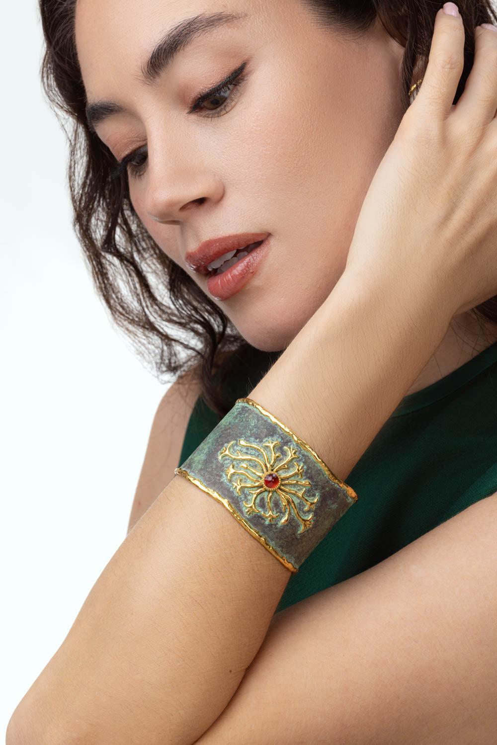 Orange Sapphire Diamond Cuff Bracelet-YELLOW GOLD-JEWELRYFINE JEWELBRACELET O-VICTOR VELYAN