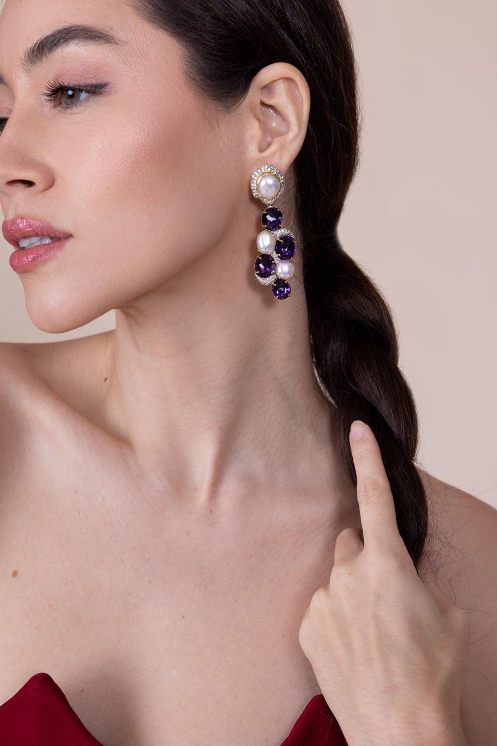 VICTOR VELYAN-Amethyst Diamond Pearl Earrings-YELLOW GOLD