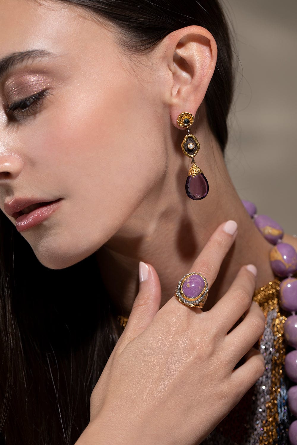 VICTOR VELYAN-Amethyst Drop Earrings-YELLOW GOLD