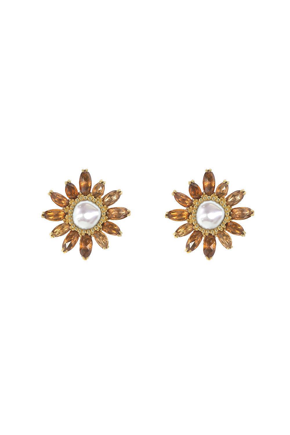 Brown Zircon Flower Earrings-YELLOW GOLD-JEWELRYFINE JEWELEARRING-VICTOR VELYAN