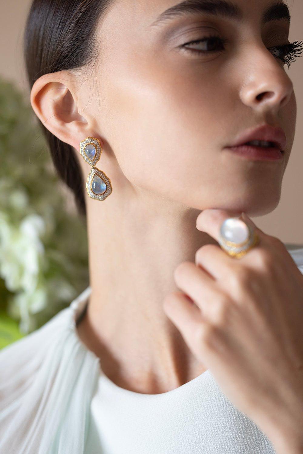 VICTOR VELYAN-Moonstone Diamond Earrings-YELLOW GOLD