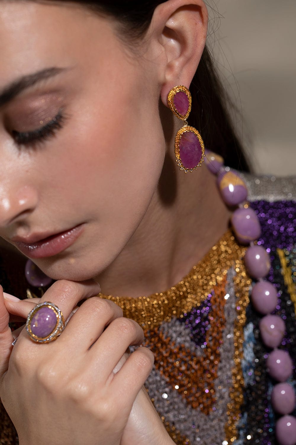 VICTOR VELYAN-Pink Sapphire Diamond Earrings-YELLOW GOLD