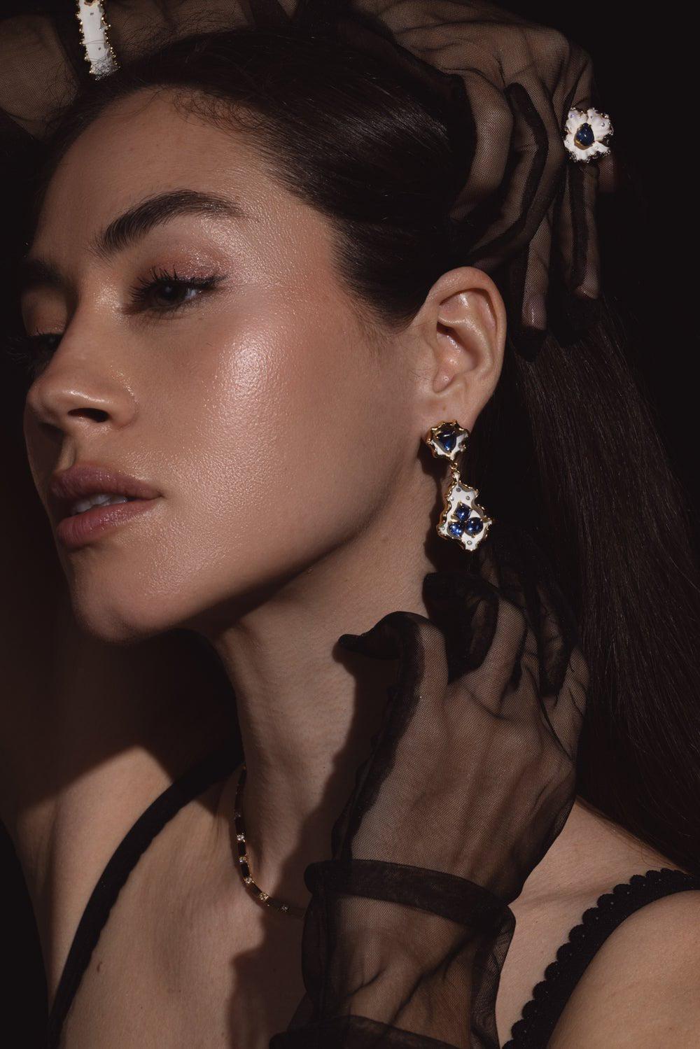 VICTOR VELYAN-Sapphire Diamond Enamel Drop Earrings-YELLOW GOLD