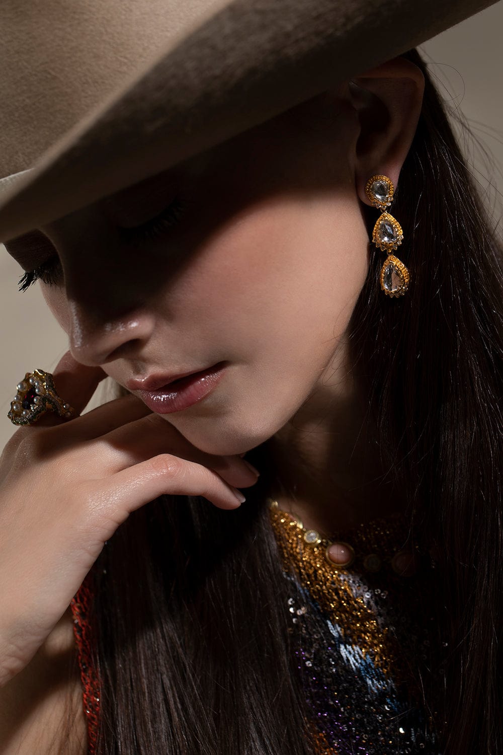 VICTOR VELYAN-White Sapphire Diamond 3 Drop Earrings-YELLOW GOLD