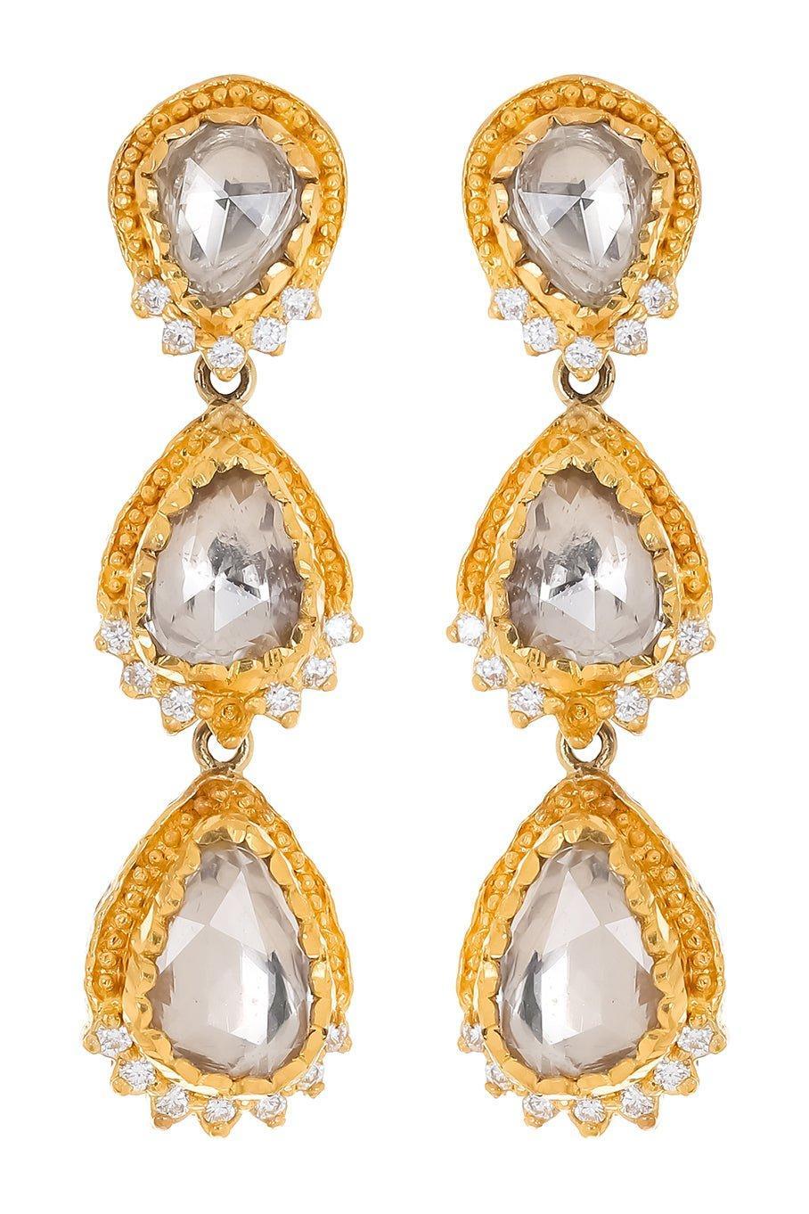 VICTOR VELYAN-White Sapphire Diamond 3 Drop Earrings-YELLOW GOLD