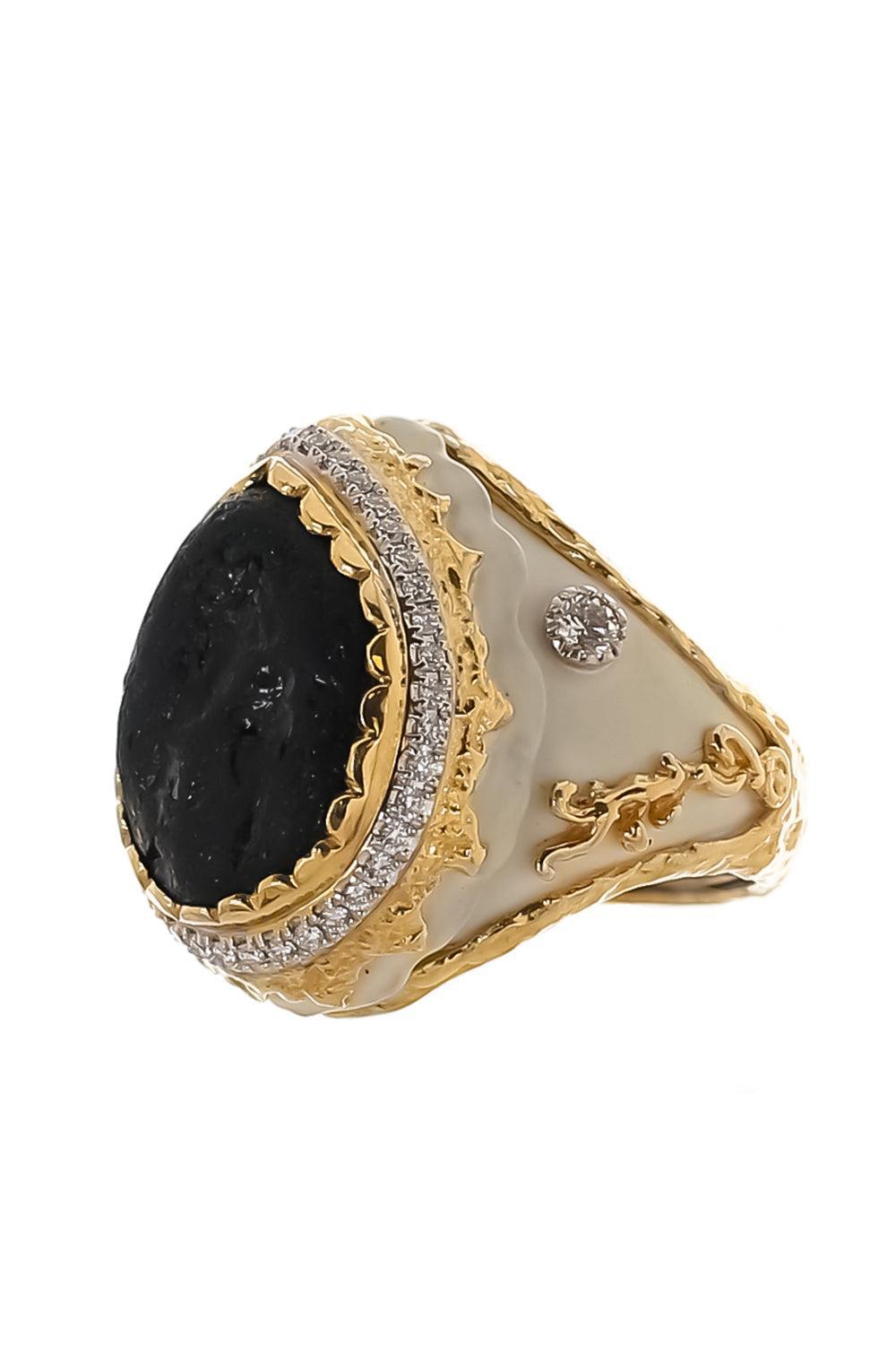 Black Tourmaline Diamond White Enamel Ring-SILVER-7.75-JEWELRYFINE JEWELRING-VICTOR VELYAN
