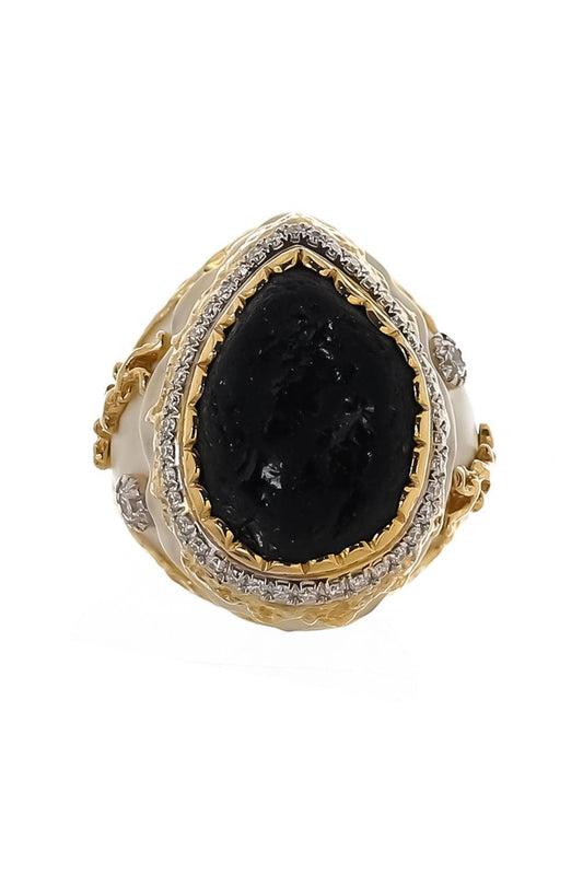 Black Tourmaline Diamond White Enamel Ring-SILVER-7.75-JEWELRYFINE JEWELRING-VICTOR VELYAN