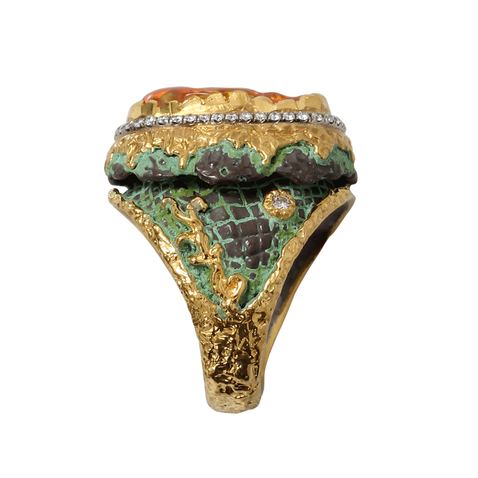 VICTOR VELYAN-Mexican Fire Opal And Green Patina Ring-YELLOW GOLD