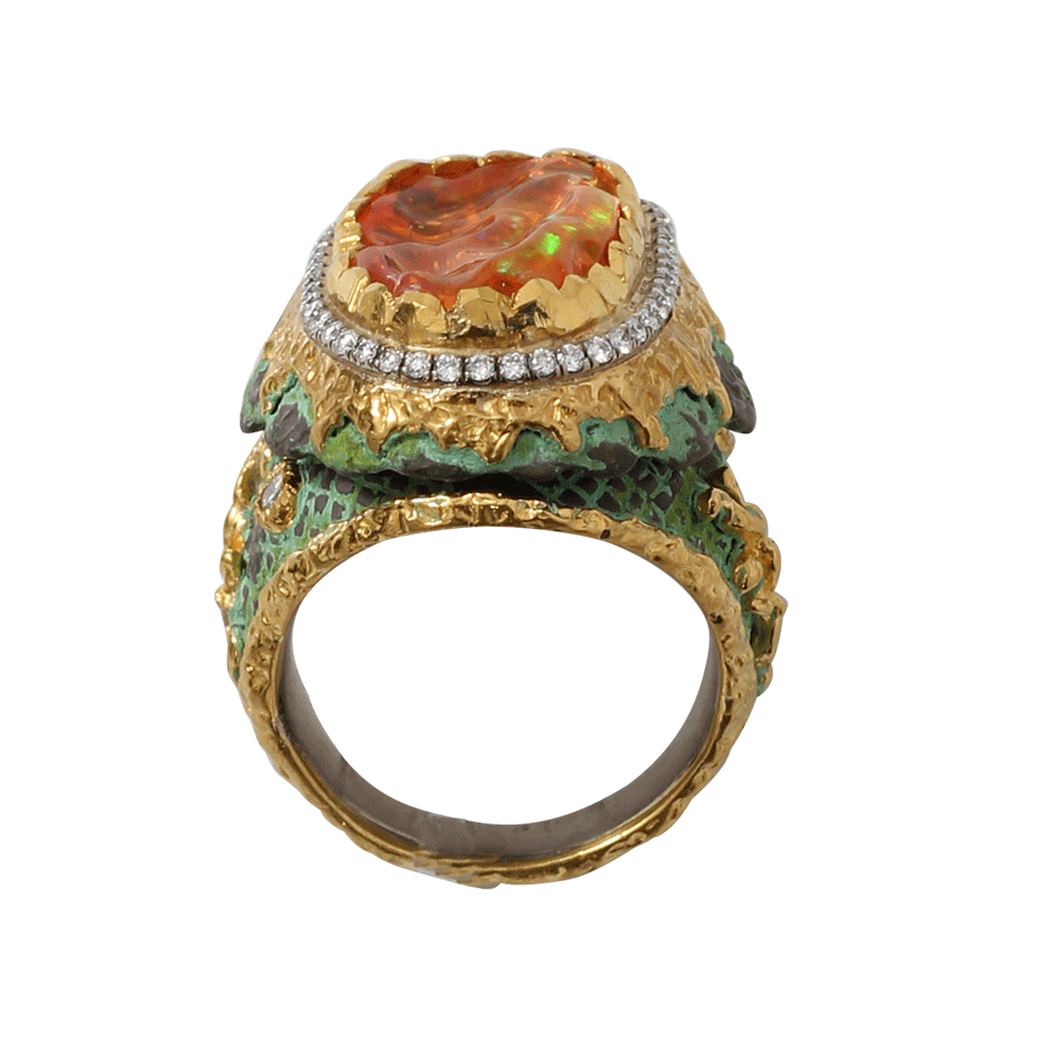 VICTOR VELYAN-Mexican Fire Opal And Green Patina Ring-YELLOW GOLD