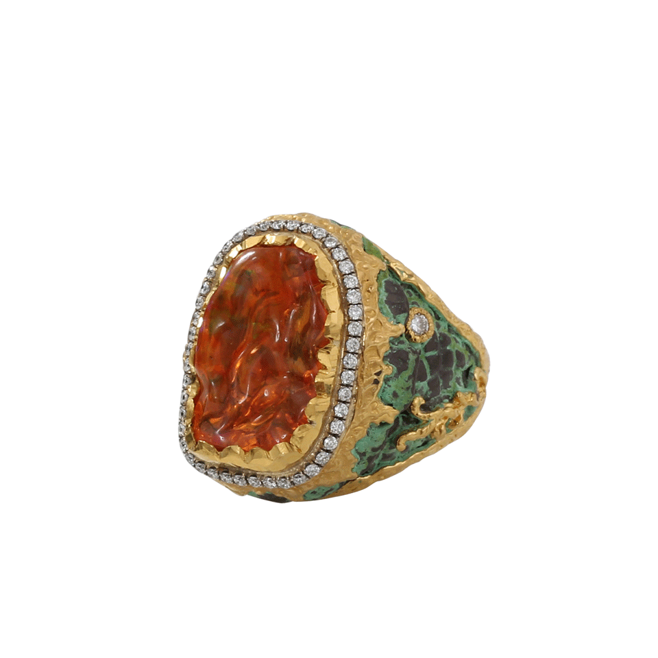 VICTOR VELYAN-Mexican Fire Opal And Green Patina Ring-YELLOW GOLD