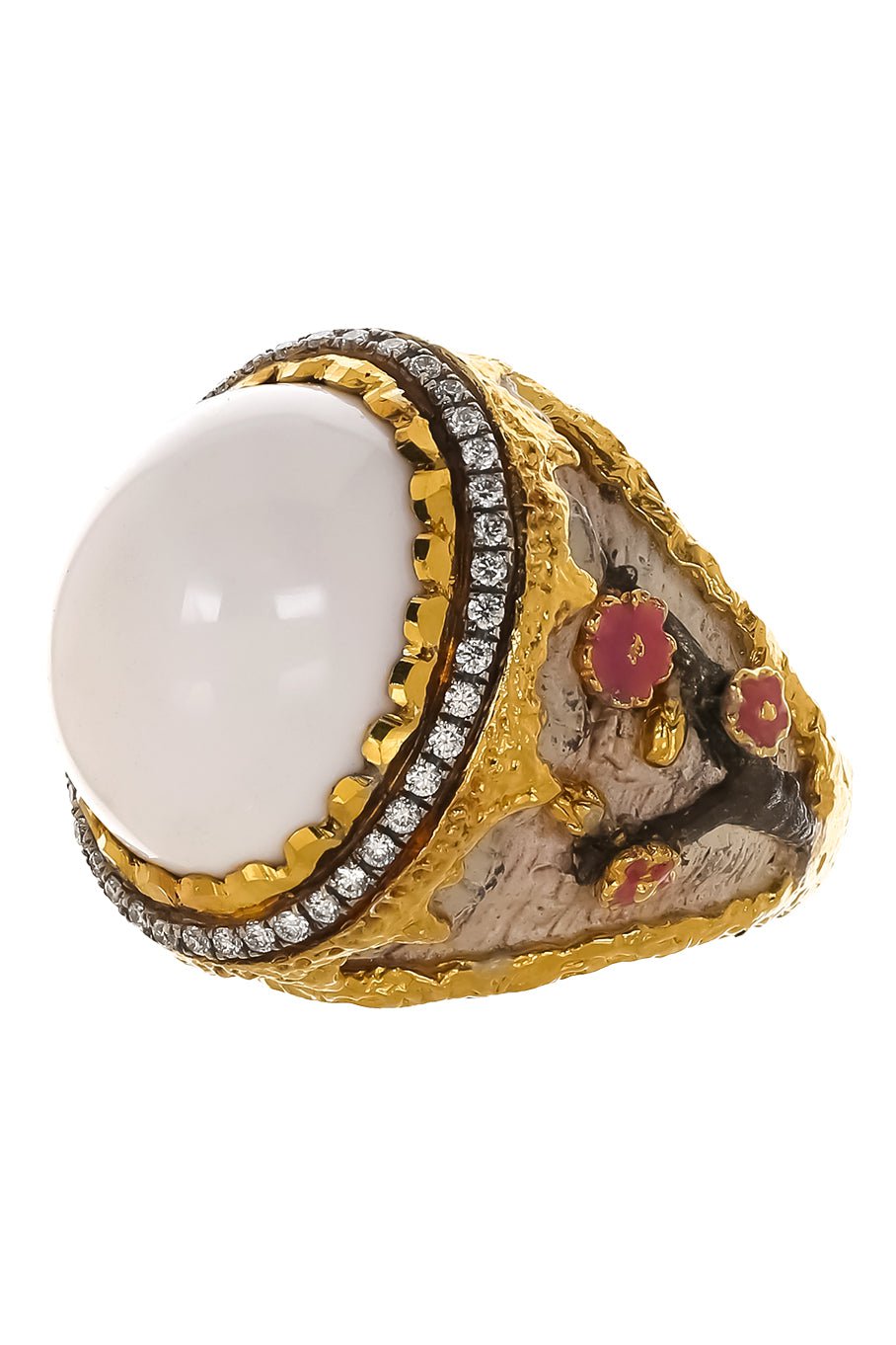 VICTOR VELYAN-Cacholong Diamond Blossom Ring-YELLOW GOLD