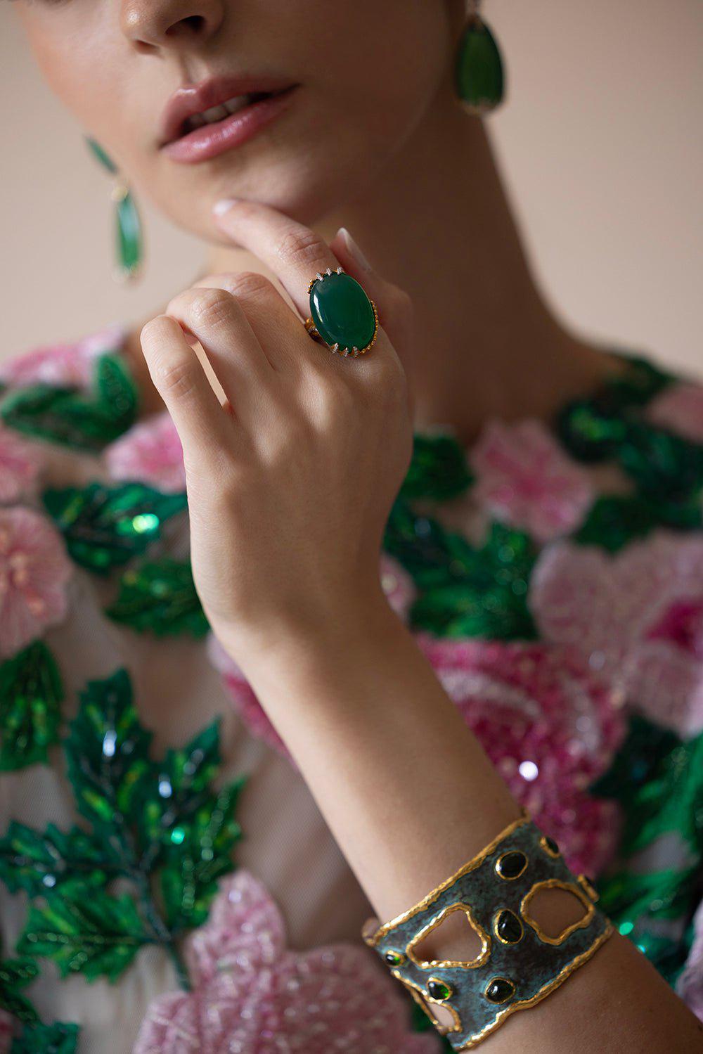 VICTOR VELYAN-Chrysoprase Diamond Ring-YELLOW GOLD