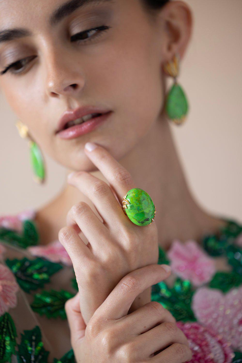 VICTOR VELYAN-Green Turquoise Diamond Ring-YELLOW GOLD
