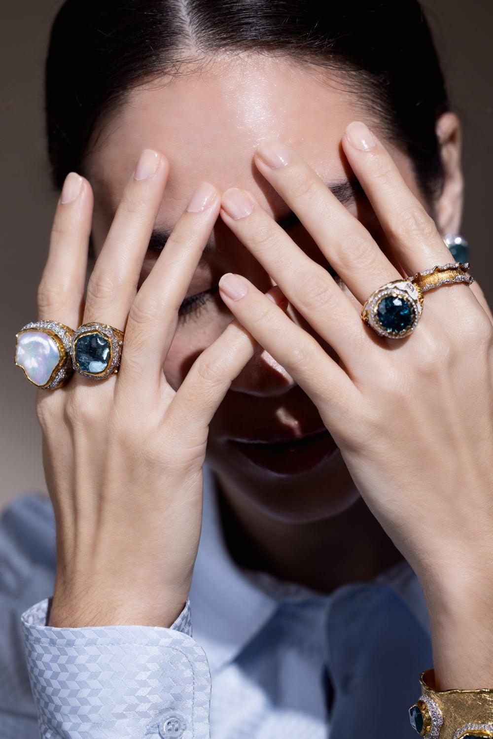 VICTOR VELYAN-Blue Zircon Diamond Ring-YLGOLD