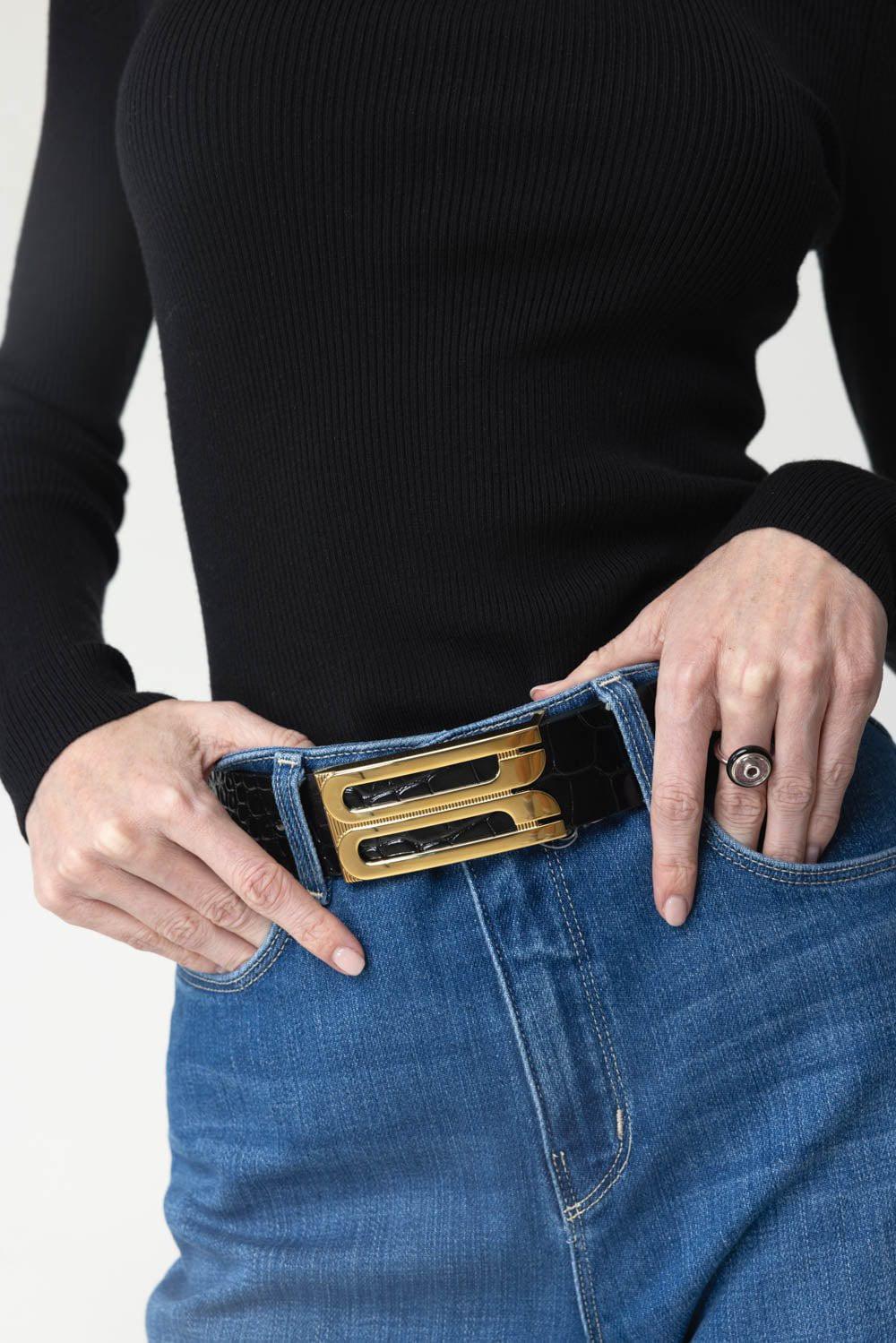 VICTORIA BECKHAM-Jumbo Frame Belt - Black Embossed-