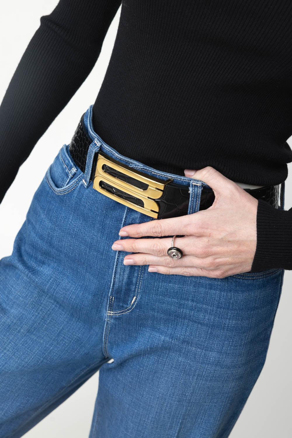 VICTORIA BECKHAM-Jumbo Frame Belt - Black Embossed-
