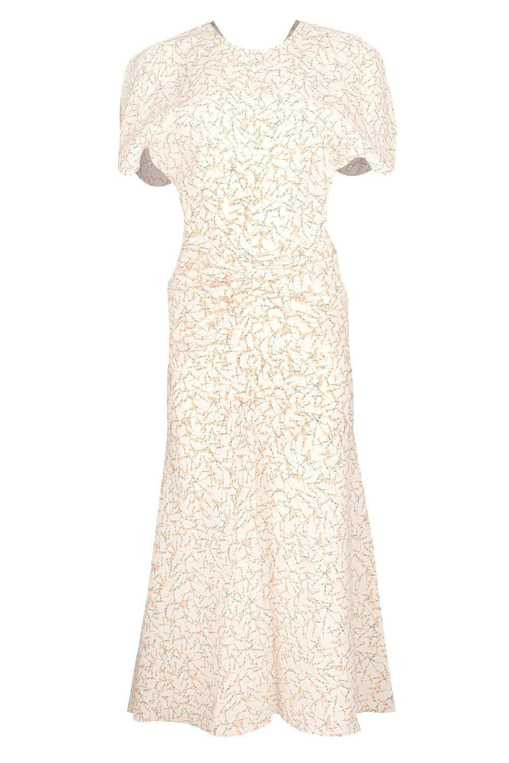 Gathered Waist Midi Dress - Floral Ovation Peach-FLRLPCH-2-CLOTHINGDRESSCASUAL-VICTORIA BECKHAM