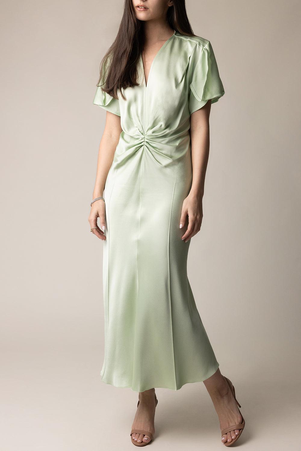 Gathered V-Neck Dress - Jade-JADE-2-CLOTHINGDRESSCASUAL-VICTORIA BECKHAM