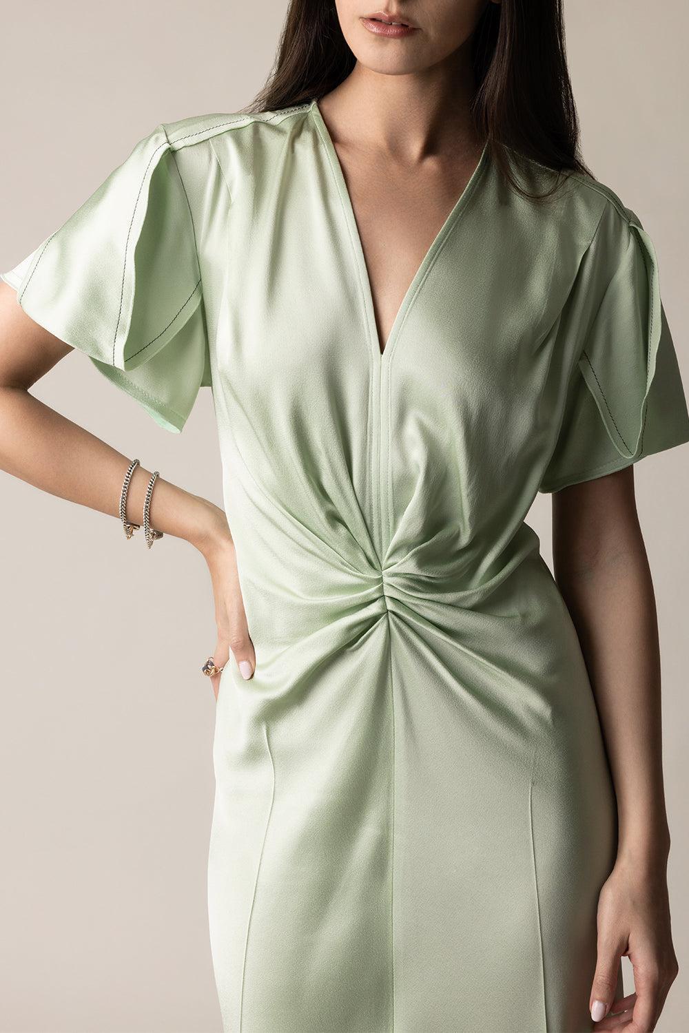Gathered V-Neck Dress - Jade-JADE-2-CLOTHINGDRESSCASUAL-VICTORIA BECKHAM