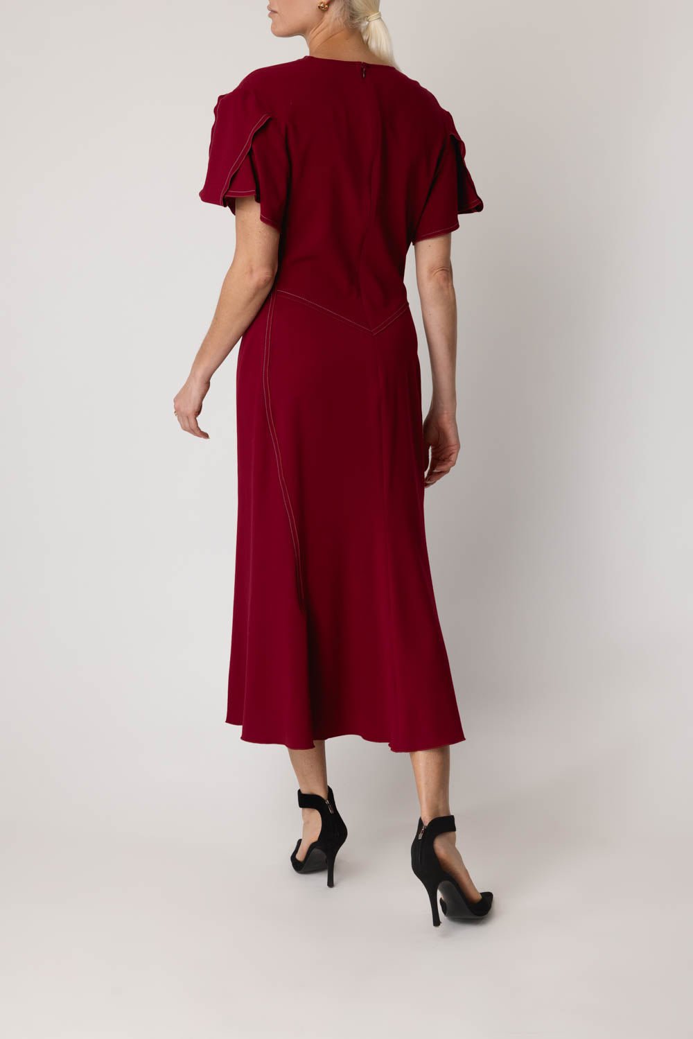 VICTORIA BECKHAM-Gathered Waist Midi Dress - Oxblood-