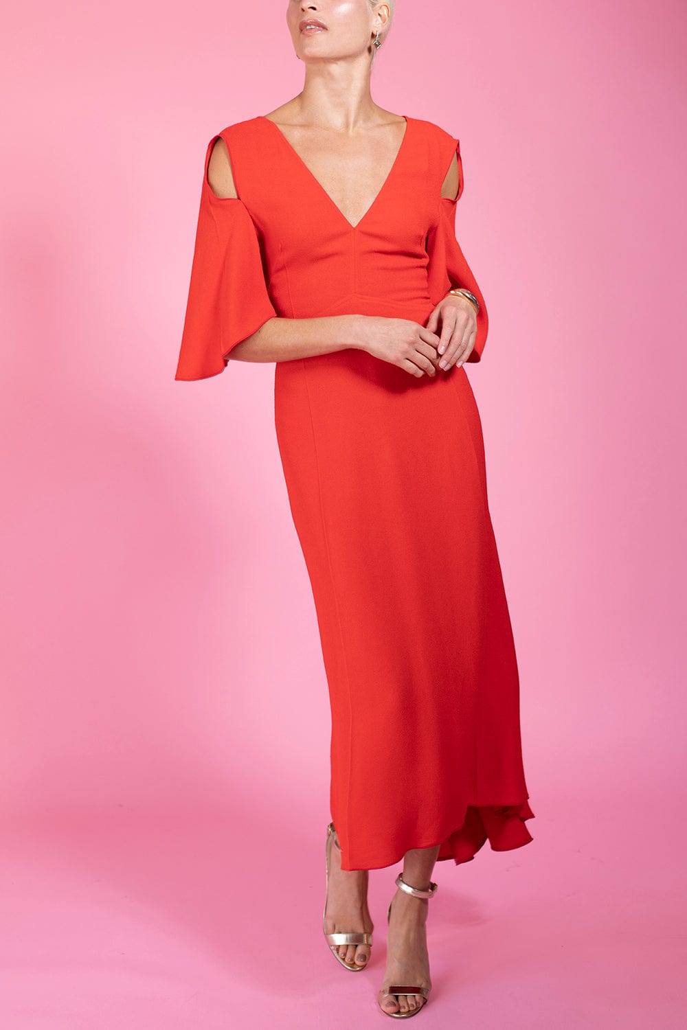 VICTORIA BECKHAM-Keyhole Detail V Neck Midi Dress-