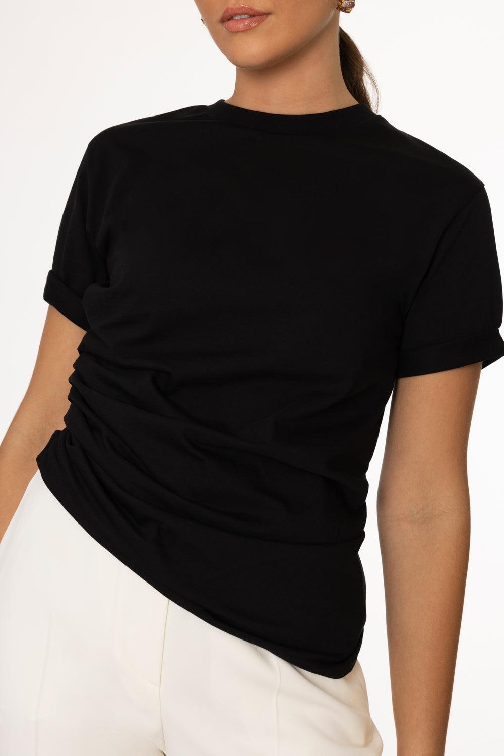 Gathered T-Shirt - Black-BLACK-XS-CLOTHINGTOPT-SHIRT-VICTORIA BECKHAM