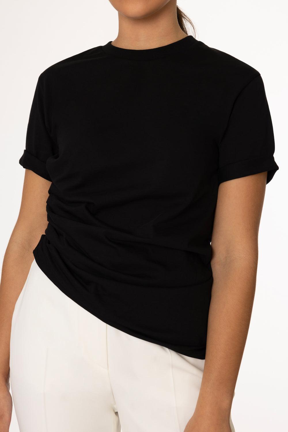 Gathered T-Shirt - Black-BLACK-XS-CLOTHINGTOPT-SHIRT-VICTORIA BECKHAM