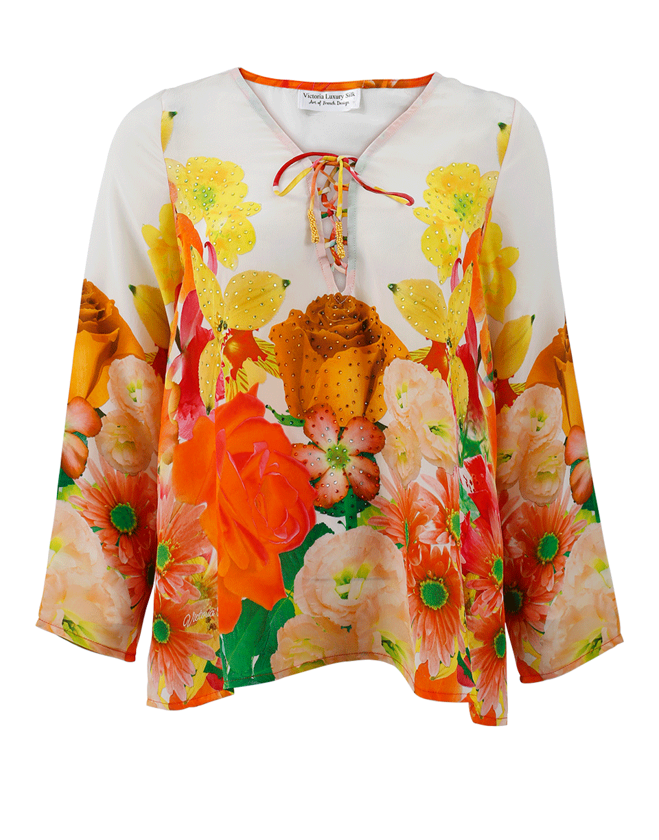 VICTORIA LUXURY SILK-Lace Up French Top-WHT/ORNG
