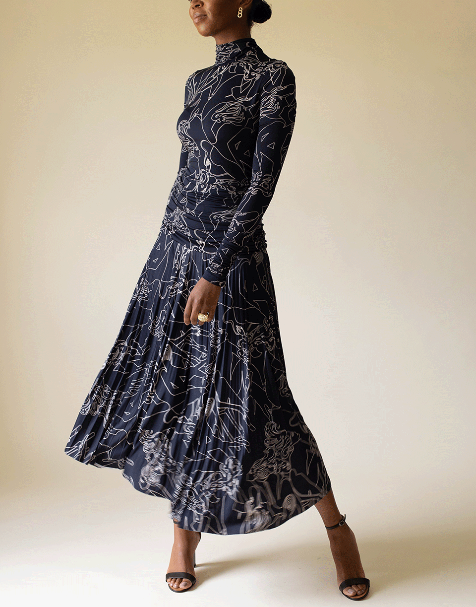 VICTORIA VICTORIA BECKHAM-Midnight Long Sleeve Pleated Print Dress-