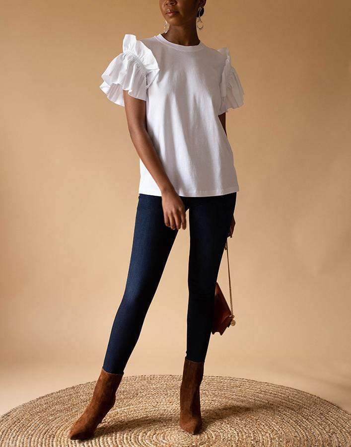VICTORIA VICTORIA BECKHAM-White Ruffle Sleeve T-Shirt-